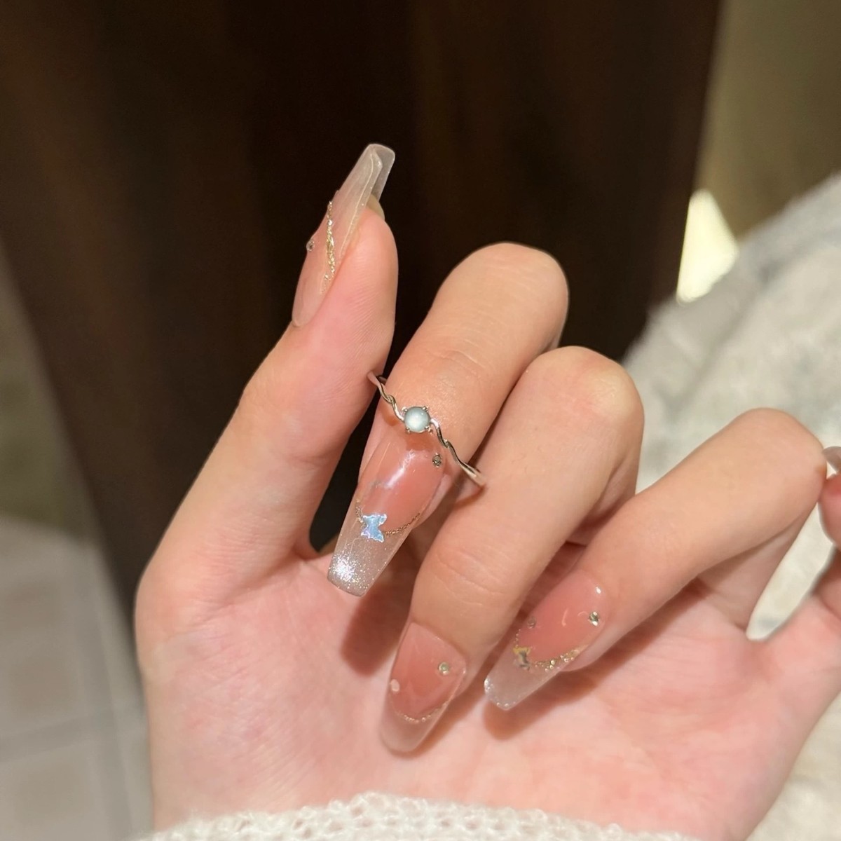 百搭清冷感极细蓝色蛋面戒指女精