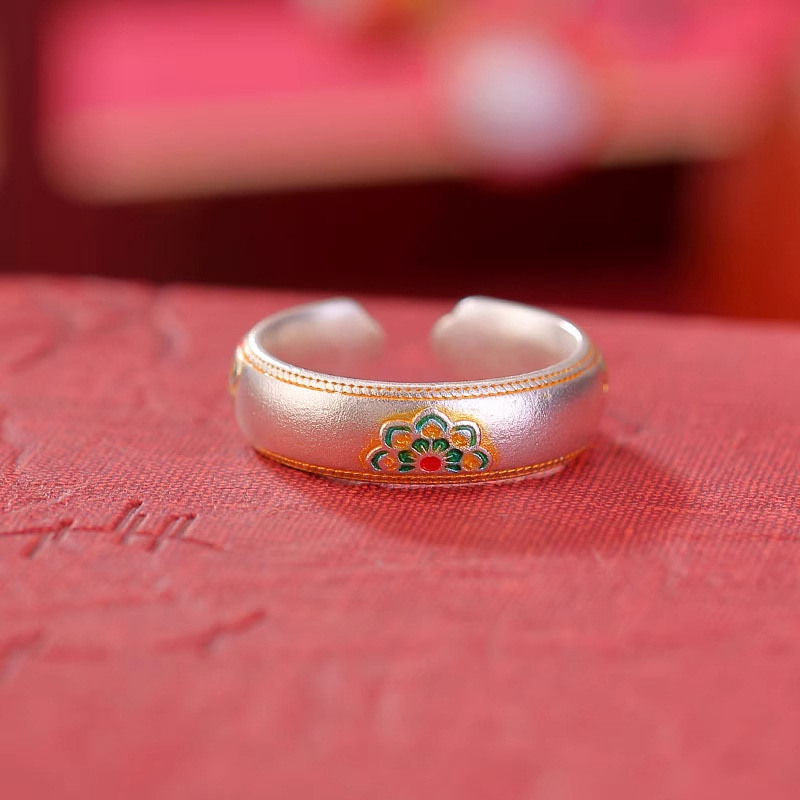 新品景泰蓝如意宝相花戒指手工描