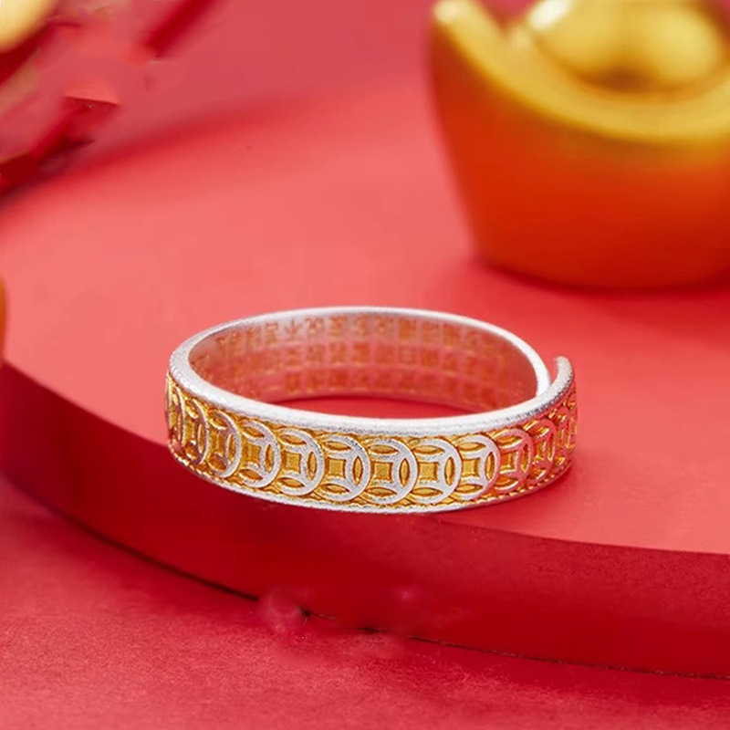 新品钱币戒指国风描金开口可调节
