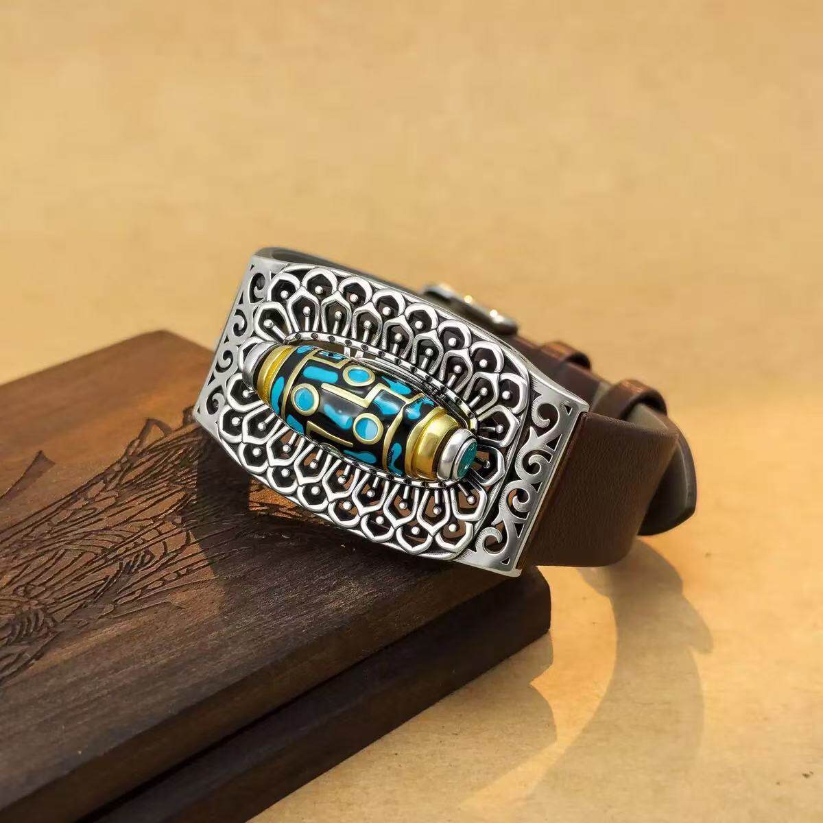 新品手工个性复古旋转九眼天珠转动皮带手链时尚简约六字真言