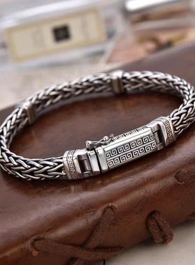 s925银新款个性手工编织回纹手链