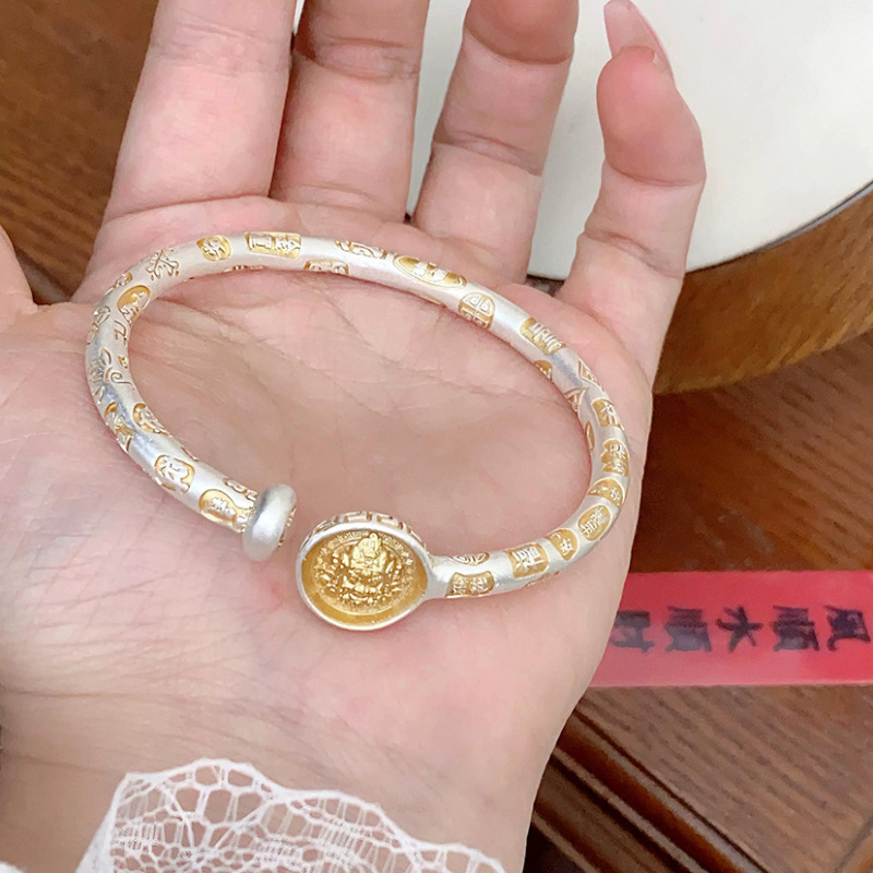 镀S925银黄财神吉言手镯女轻奢小众国风高级感新中式描金开口手镯