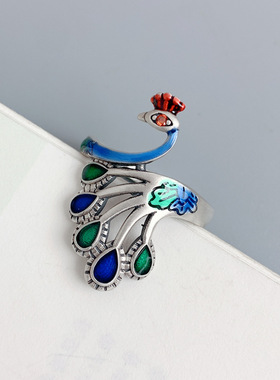 新品彩色孔雀戒指女活口烧蓝工艺凤凰原创设计指环动物