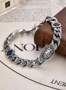 新品蓝色方钻狮子手链个性复古阿