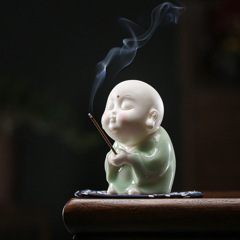 创意陶瓷摆件可爱小和尚香薰炉家用供奉香插香器香托盘室内檀香座