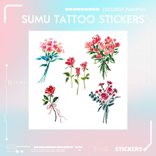 SUXMU苏小木丨绝美浪漫蜡笔风红玫瑰花束纹身贴组合买一送一防水