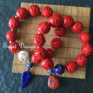 Sweet配饰 囍艳红 老货vintage库存剔红漆雕云纹珠子1.5cm手串