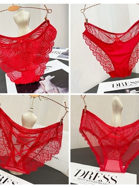 本命年大红色内裤性感蕾丝中腰纯棉底档舒适透气镂空交叉三角裤头