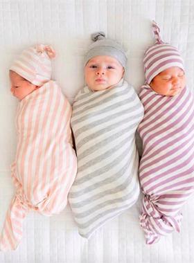 Newborn baby swaddling and hat set stripe thin swaddle
