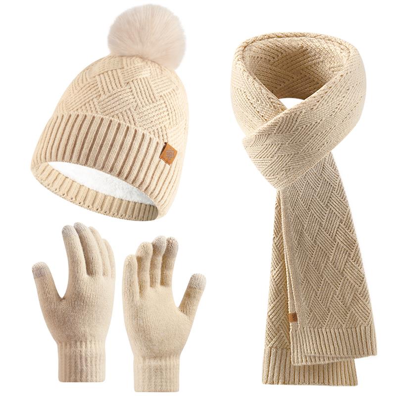 Winter double-layer knitted hat scarf and gloves set for wom