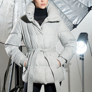 意大利Hetrego奢华鹅绒羊绒面料保暖中长腰带羽绒服