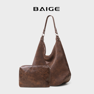 大容量通勤托特包女2025秋冬新款 百搭通勤压皱腋下包复古单肩包女