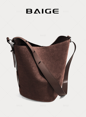 反绒牛皮水桶包2025新款女士包包女款大容量休闲通勤单肩斜挎包