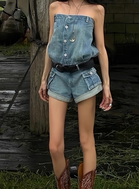 新款街头辣妹抹胸短裤女夏季美式复古蓝色牛仔背带连体裤上衣套装