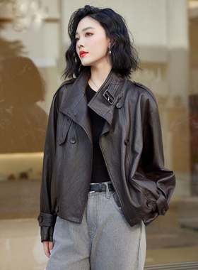 气质英伦风PU皮衣棕色立领女春秋新款复古港风宽松休闲皮夹克外套