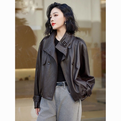 气质英伦风PU皮衣棕色立领女外套