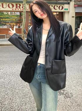 秋冬季黑色复古休闲pu皮衣西装外套女士休闲高级感皮料宽松夹克女