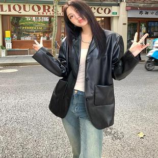 秋冬季 外套女士休闲高级感皮料宽松夹克女 黑色复古休闲pu皮衣西装