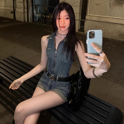 挂脖连体衣连身短裤挂脖吊带牛仔