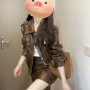 气质潮流棕色皮衣外套女春秋新款 复古百搭宽松显瘦机车皮夹克 美式