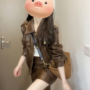 气质潮流棕色皮衣外套女春秋新款 复古百搭宽松显瘦机车皮夹克 美式