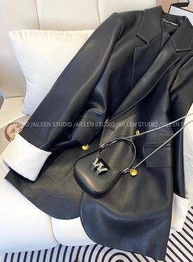 黑色皮衣外套女2025早秋新款韩版宽松高级感双排扣pu皮西装上衣潮