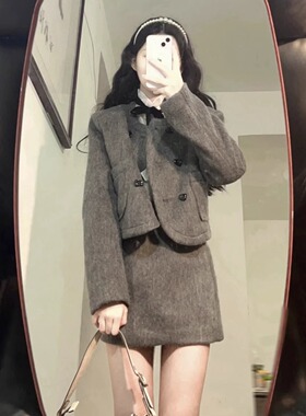小香风套装裙秋冬季新款气质名媛修身显瘦韩系毛呢夹棉时尚两件套