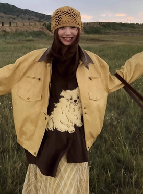 黄色翻领PU皮衣夹克外套女秋季设计感拉链宽松休闲机车服