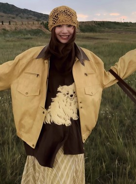 黄色PU皮衣翻领宽松机夹克外套女