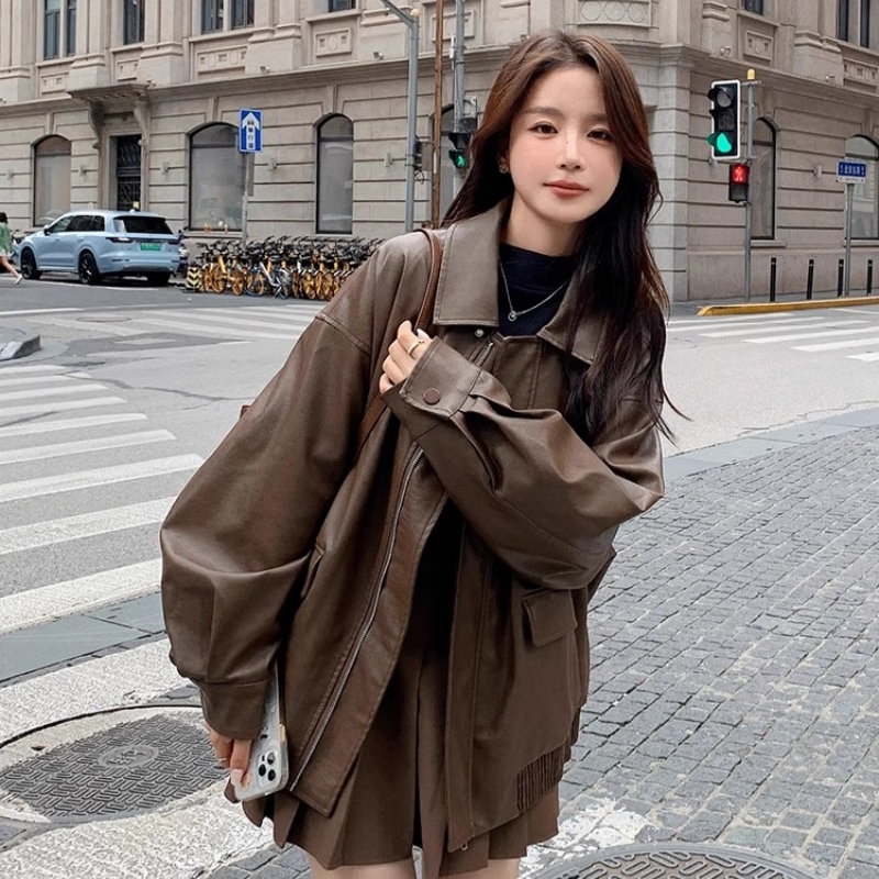 复古棕色皮衣外套女早春秋2025新款爆款小个子美拉德机车夹克短款