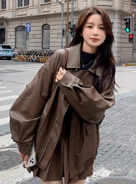 复古棕色皮衣外套女早春秋2025新款爆款小个子美拉德机车夹克短款