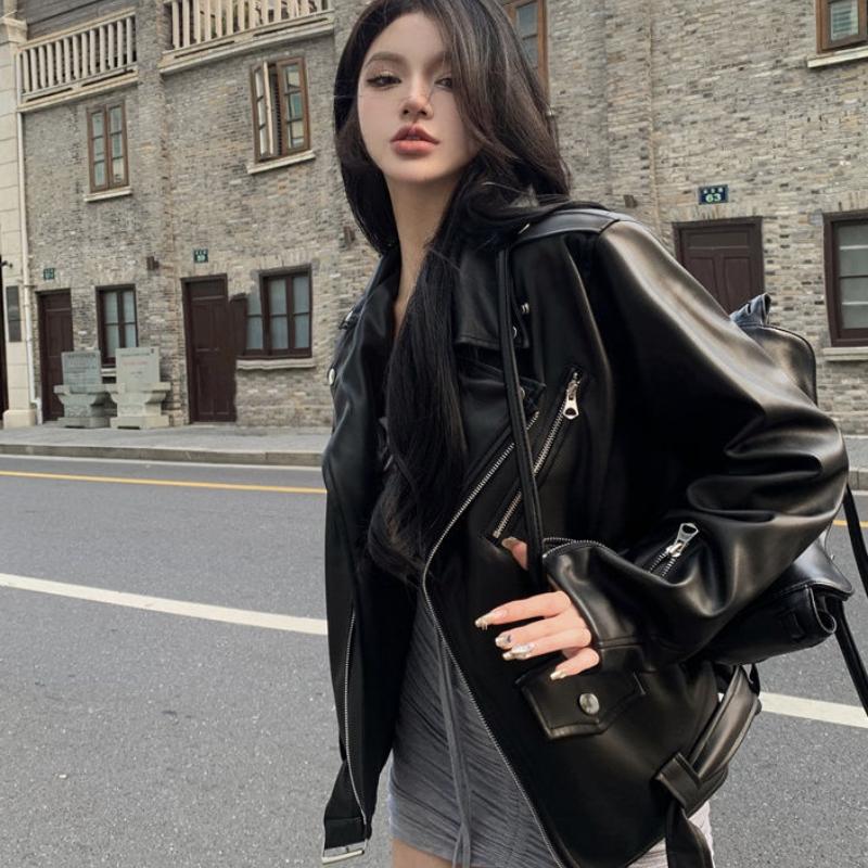 酷辣短款皮衣女宽松PU皮夹克外套