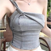 泰式 辣妹鱼骨独特绝美百搭抹胸上衣春夏牛仔单肩吊带背心女款 外穿