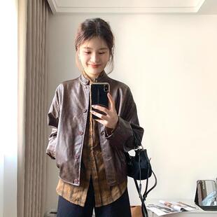 新款 皮衣外套女秋季 慵懒风宽松设计感复古立领夹克机车服 短款 美式