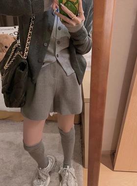 灰色高腰毛呢西装短裤2024秋冬新款女秋宽松显瘦小个子阔腿A字裤