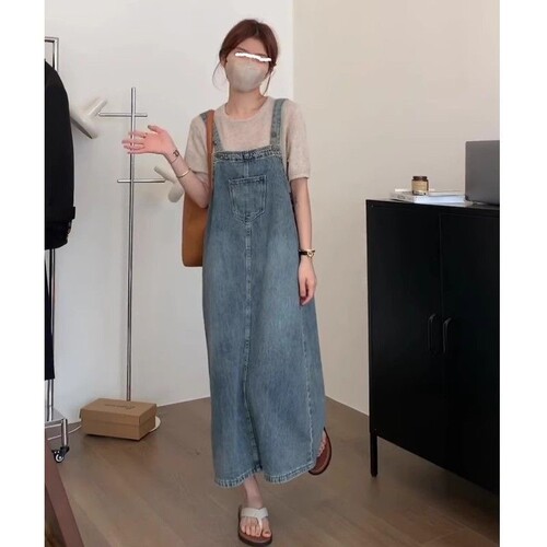 韩版复古牛仔背带宽松显瘦连衣裙