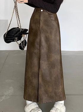 2024新款高腰开叉半身裙女胖mm显瘦a字皮裙复古中长款裙子秋季款