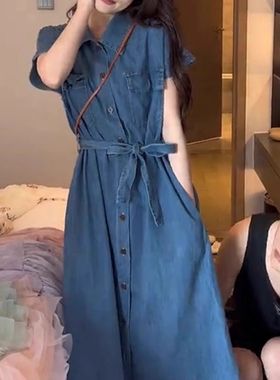 法式复古气质短袖牛仔绑带连衣裙女2025夏日蓝色收腰休闲衬衫裙子