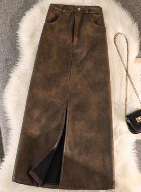 美拉德复古扎染pu皮裙中长款半身裙秋冬季梨形显瘦开叉a字包臀裙