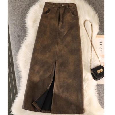 美拉德扎染pu皮裙开叉a字包臀裙