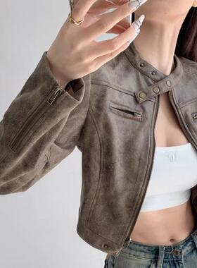 痞酷辣妹做旧复古机车拉链短款皮衣外套女秋冬季修身立领夹克上衣