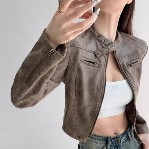短款机车服美式复古修身立领夹克