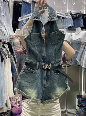 时尚牛仔连体裤复古露背挂脖新款翻领拉链无袖高腰显瘦修身短裤