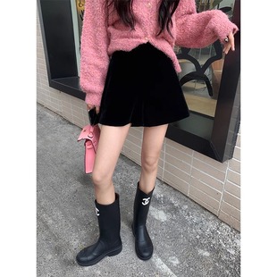 子 女外穿配靴子打底a字阔腿高腰休闲裤 2024秋冬新款 黑色丝绒短裤