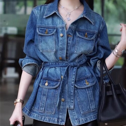 设计感经典休闲收腰长袖牛仔外套