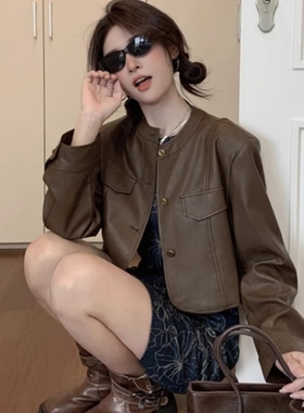 复古美式咖色皮衣外套女秋季小个子高级感外搭宽松皮夹克上衣短款