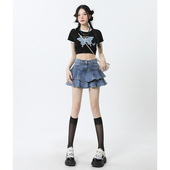 辣妹美式 高腰a字显瘦牛仔半身裙夏蛋糕裙蓬蓬裙荷叶边裙女士裙裤