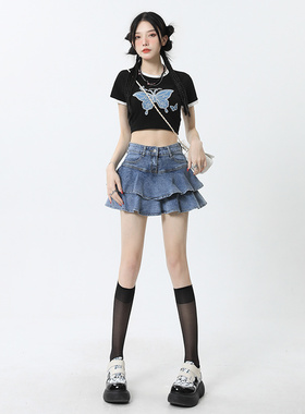 辣妹美式高腰a字显瘦牛仔半身裙夏蛋糕裙蓬蓬裙荷叶边裙女士裙裤