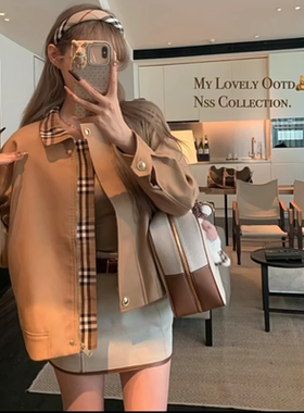 2025年新款秋冬季韩版卡其风衣格子翻领夹克宽松短款上衣外套ins
