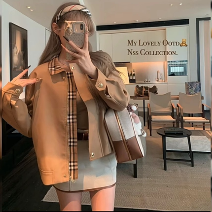 2025年新款秋冬季韩版卡其风衣格子翻领夹克宽松短款上衣外套ins